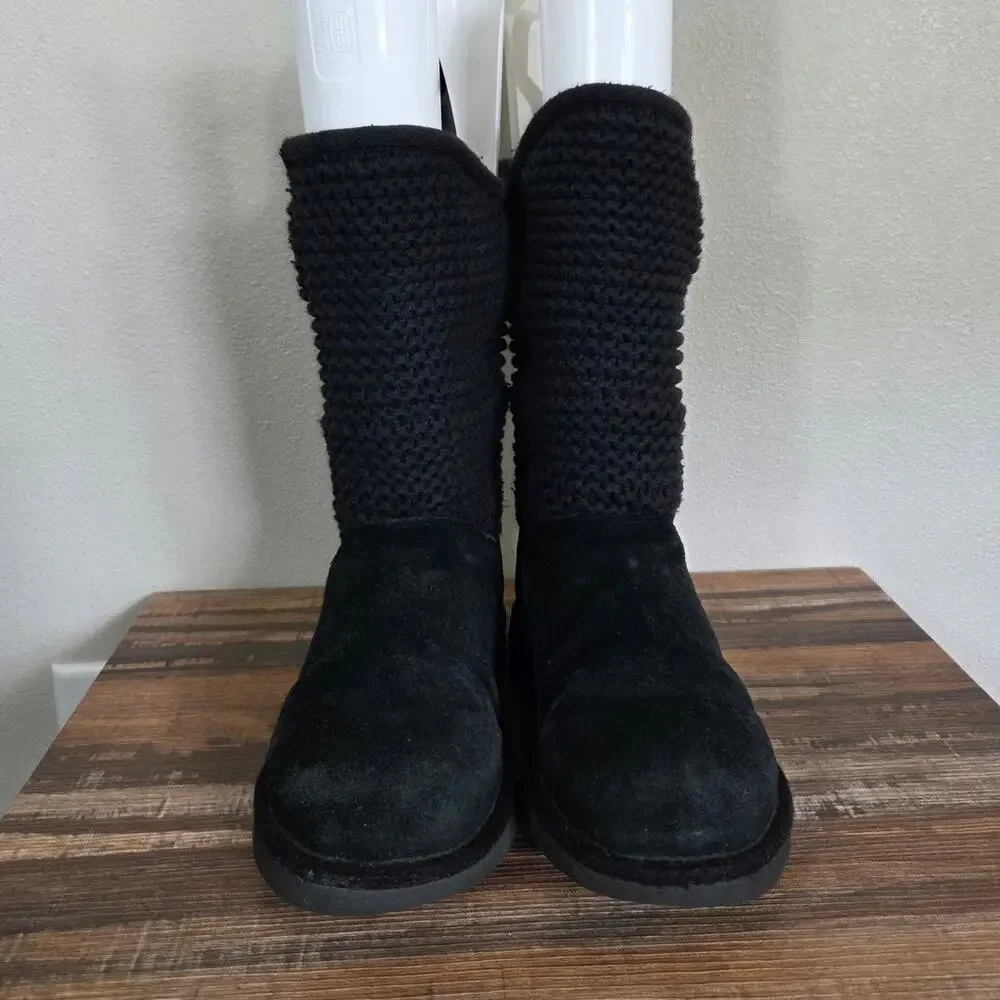 UGG Shaina Black Suede & Knit Ankle Boots Big Kids Size 4